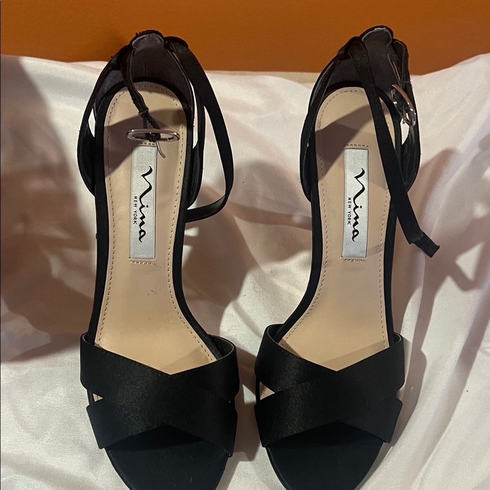 Nina Black Satin Strappy Heels